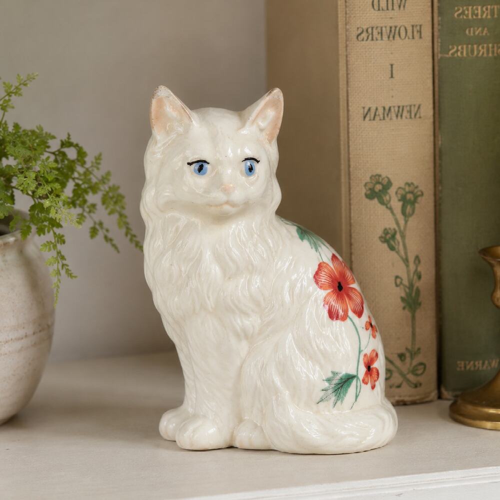 Vintage White Longhair Cat Figurine | Hand Painted Floral Ceramic Kitty Statue